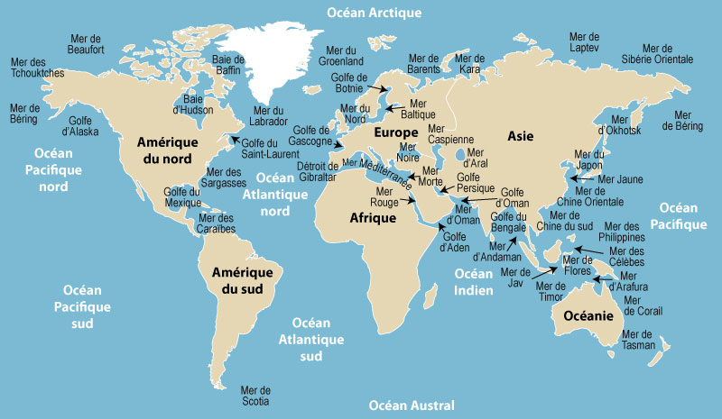 carte des mers et océans terrestre